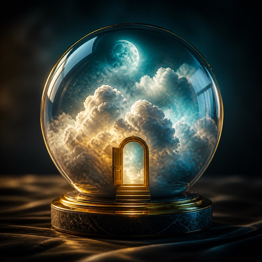 A moonlit cloud world and golden doorway inside a glass sphere