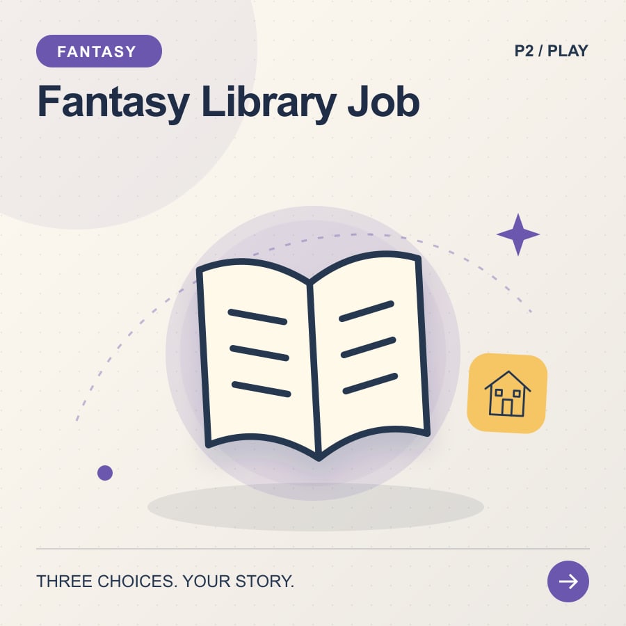 Fantasy Library Job illustrated poster featuring book