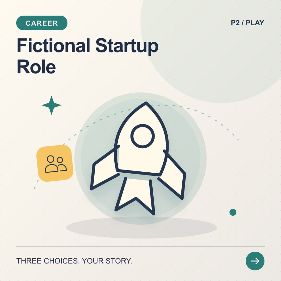 Fictional Startup Role illustrated poster featuring rocket