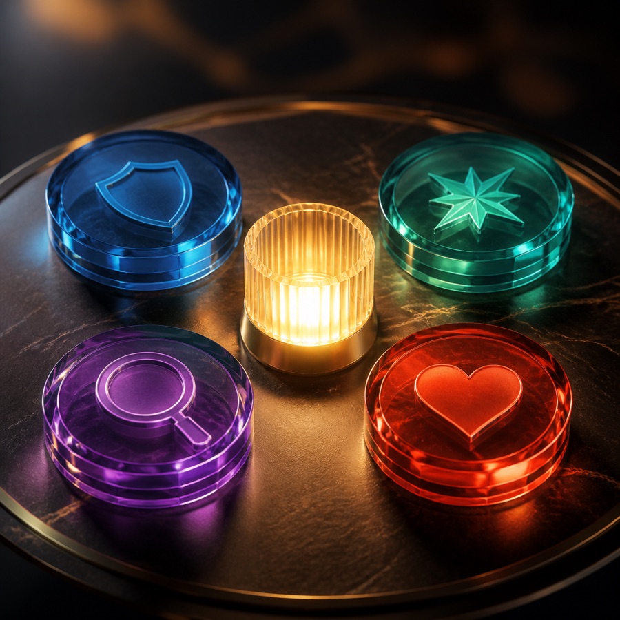 Four colorful glass tokens gathered around a warm central light
