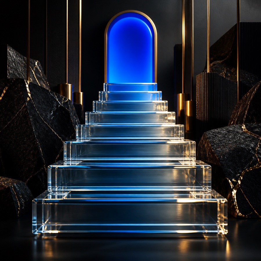 Clear glass steps rising toward a blue doorway