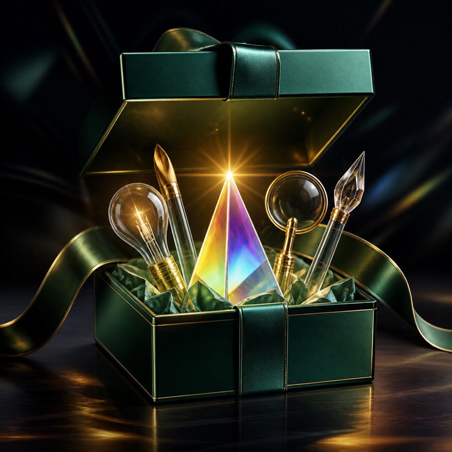 An emerald gift box revealing a glowing creative prism and glass tools