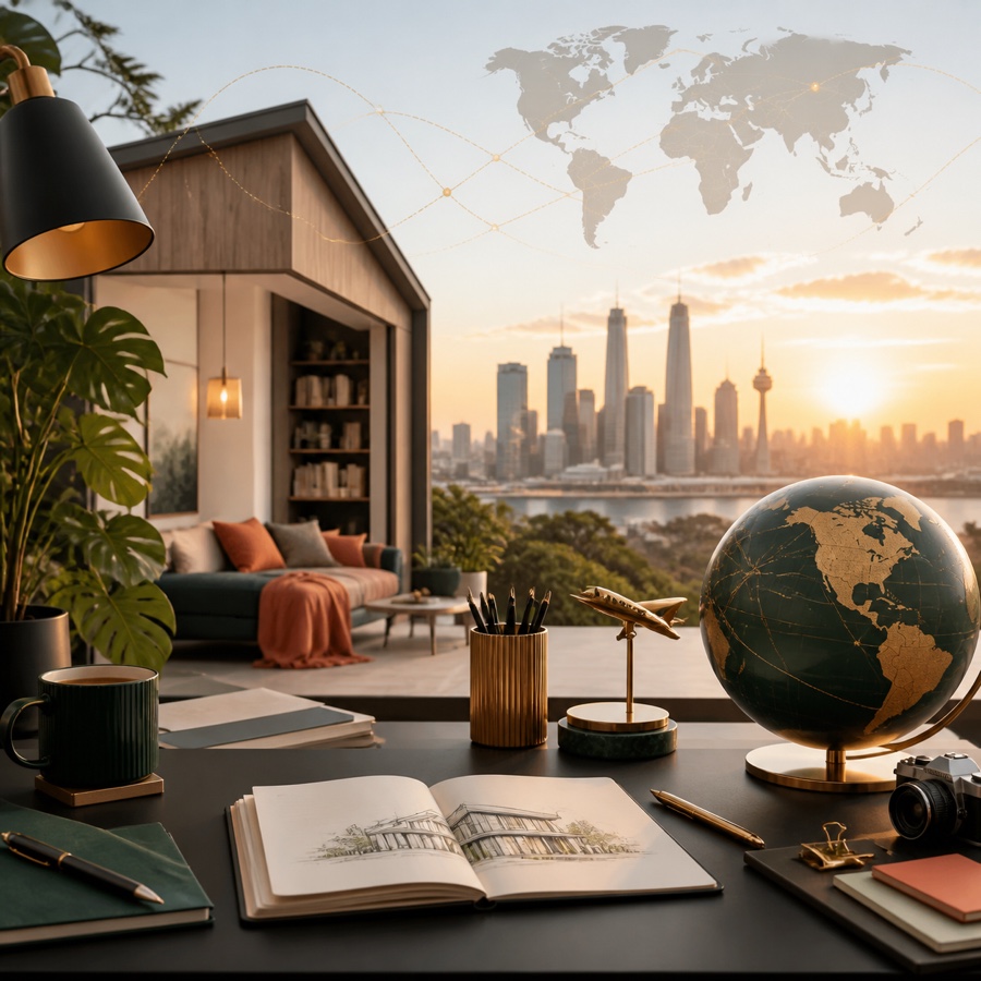 A bright 2030 skyline with a creative studio, global routes, and a peaceful home