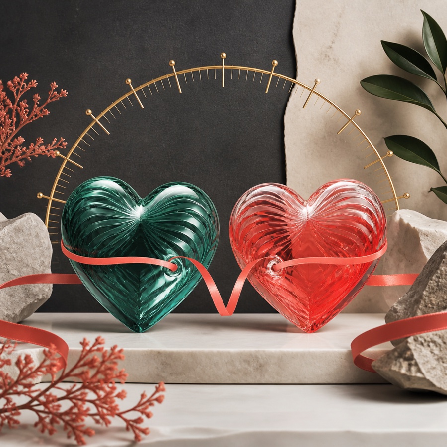 Two luminous glass hearts connected by a warm coral ribbon