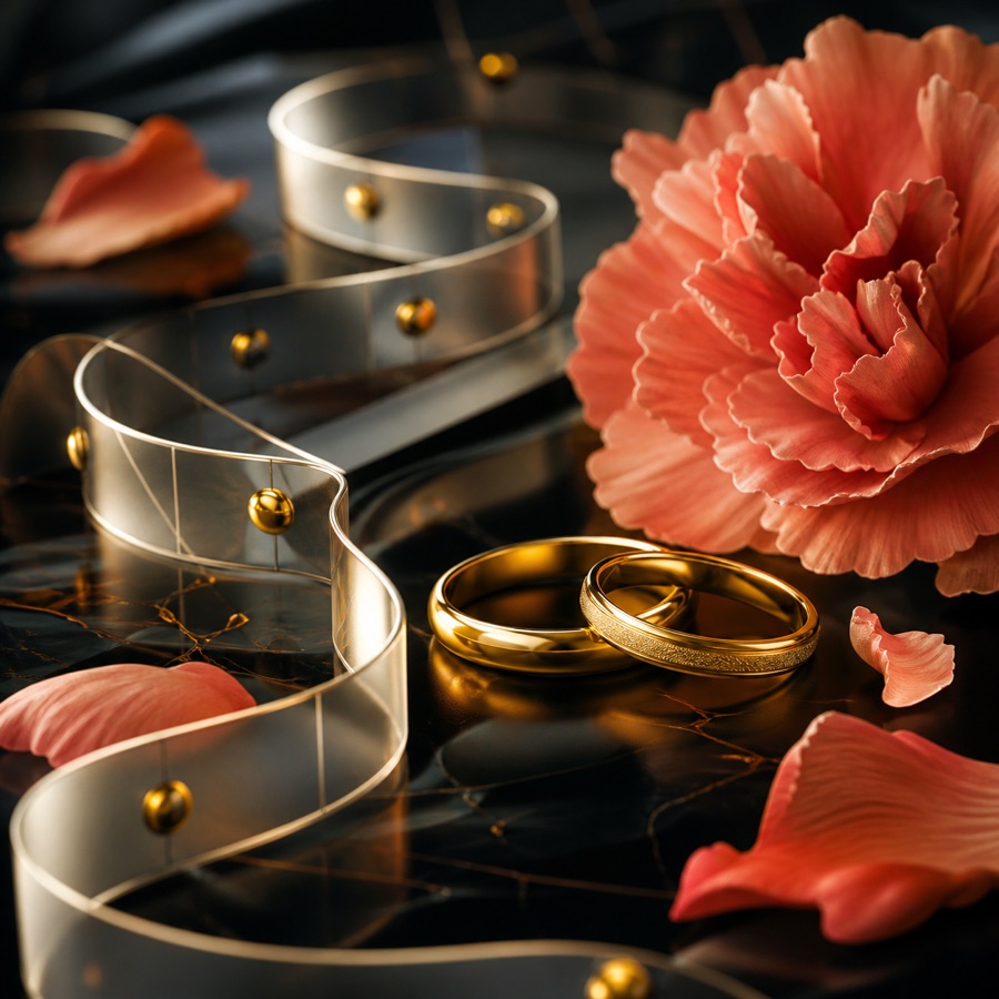 Two gold rings beside a flowing calendar ribbon and coral flowers
