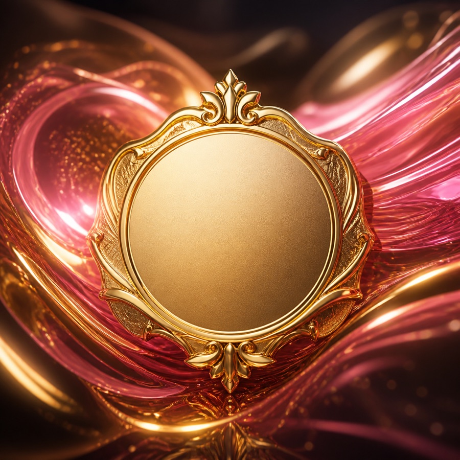 A blank gold identity medallion surrounded by pink and gold light