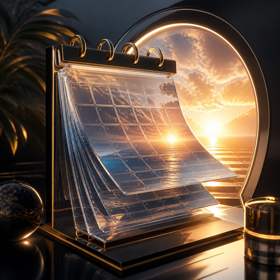 A glass calendar opening toward a bright sunrise