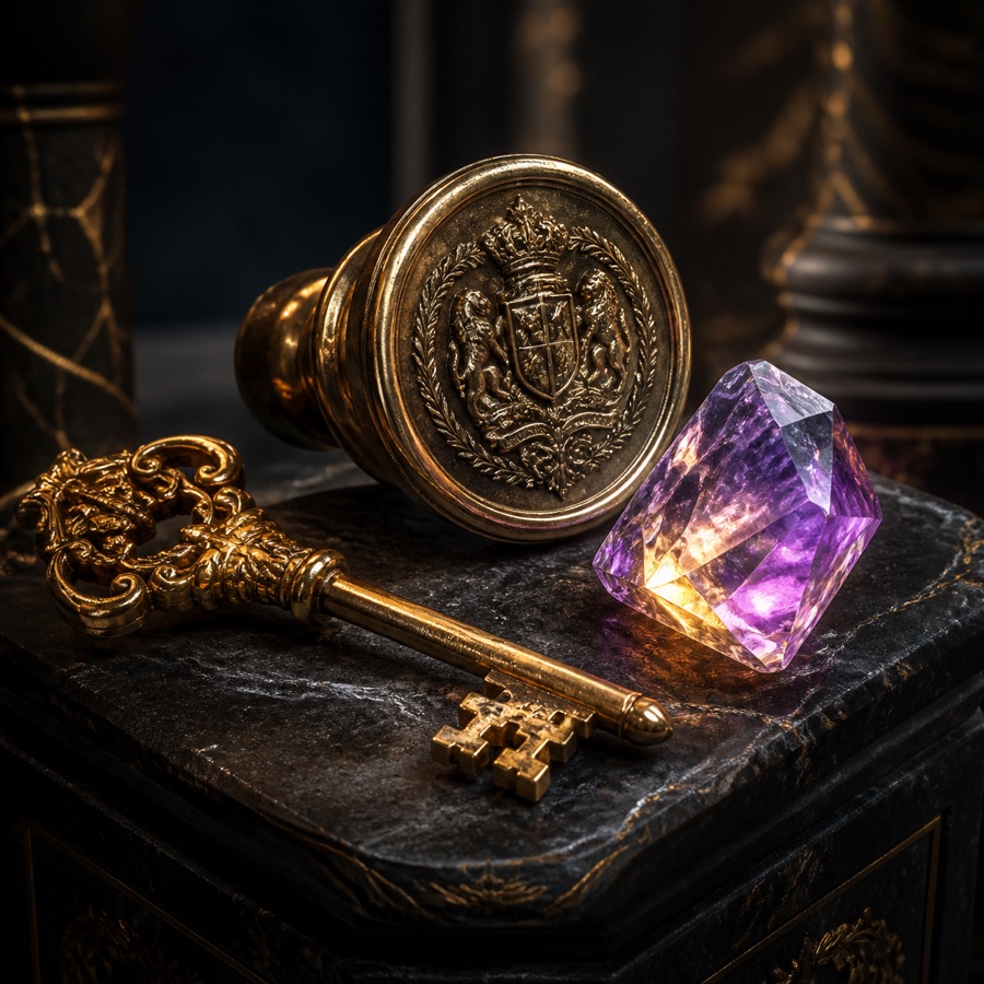 An antique gold key, royal seal, and glowing violet memory crystal