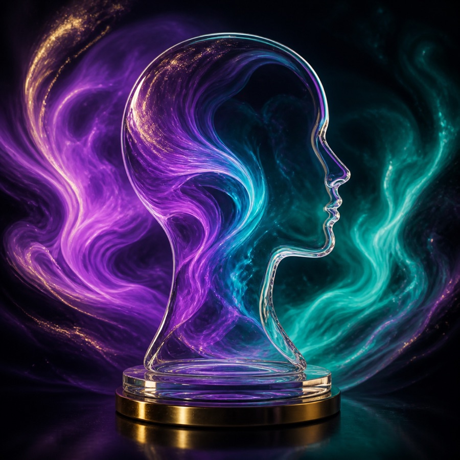 A clear glass profile surrounded by violet and teal light