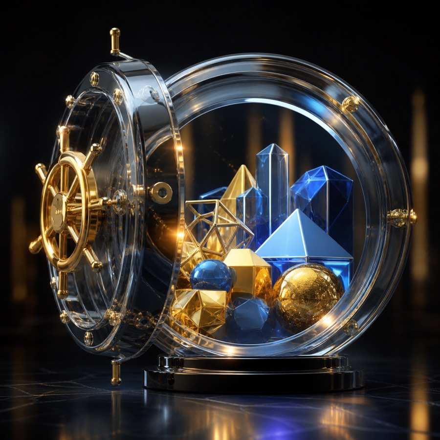 An open glass vault filled with blue and gold geometric treasures