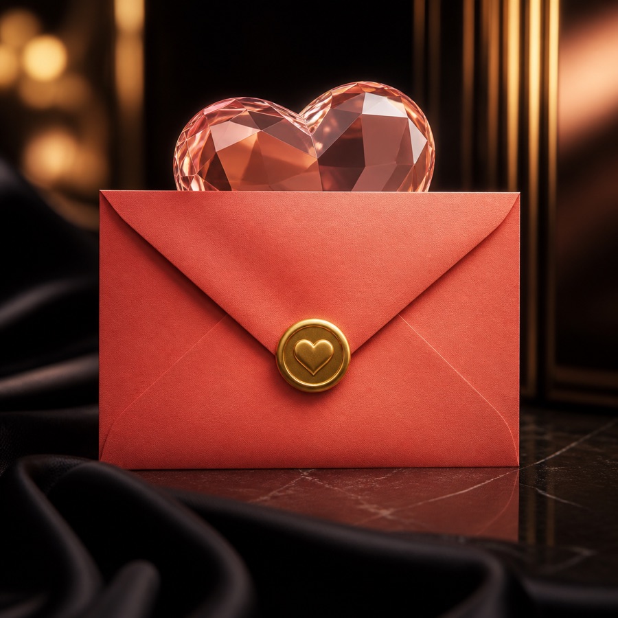 A coral envelope holding a faceted crystal heart