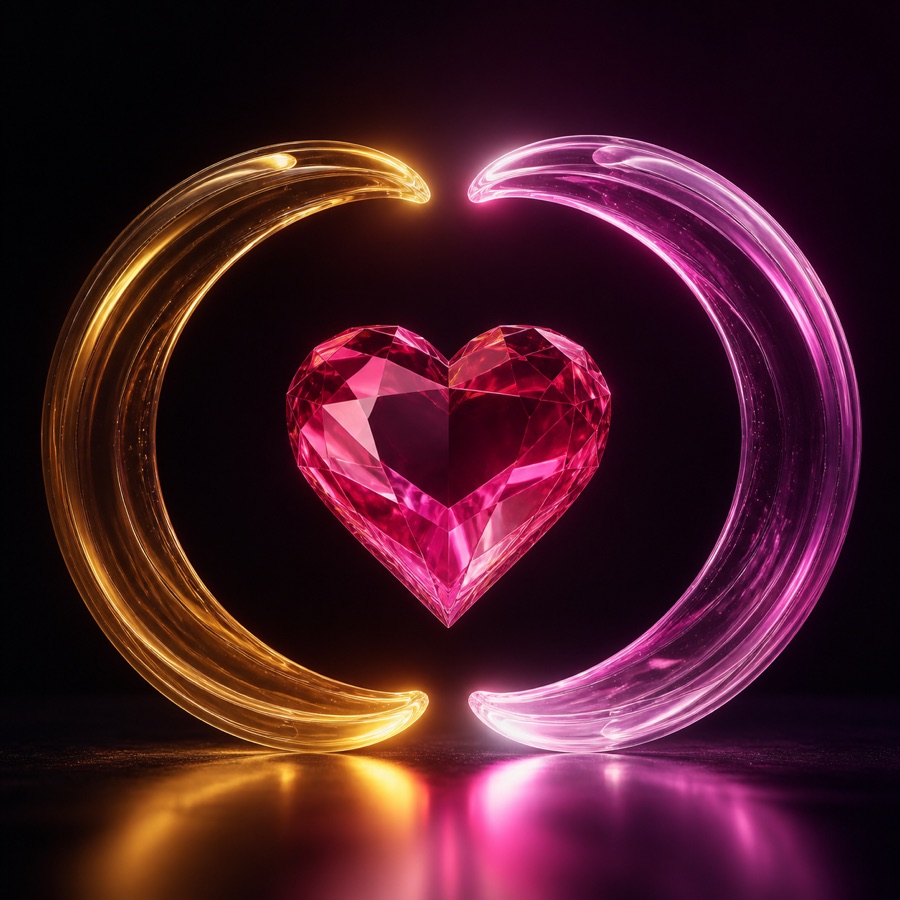 A faceted pink heart between two arcs of light