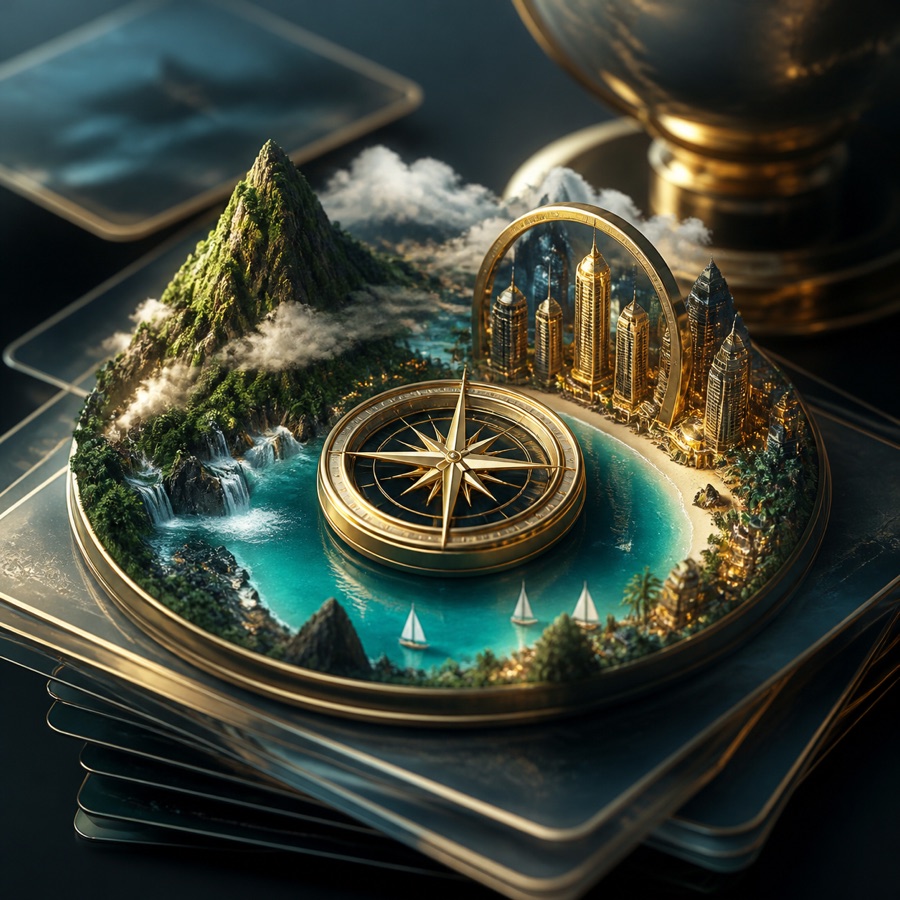 A golden compass between a miniature mountain, turquoise sea, and city