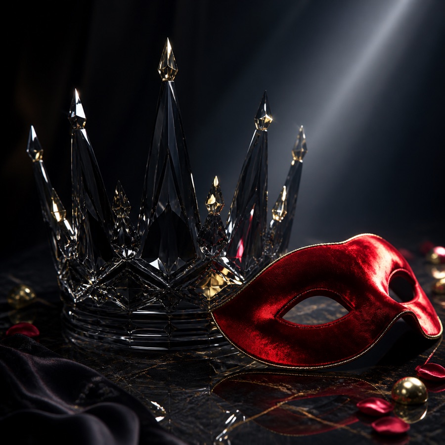 A black crystal crown beside a red velvet mask under a spotlight
