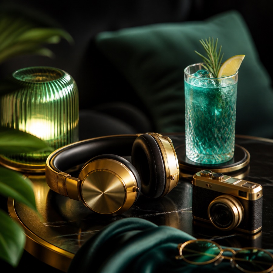 Golden headphones, a turquoise drink, and a camera on a stylish table